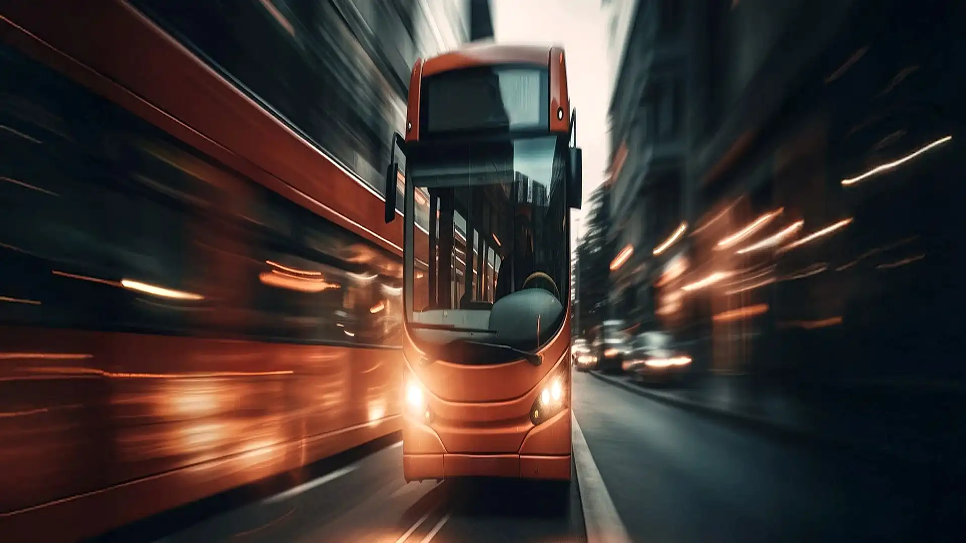 Ein Bus fährt durch eine Stadt bei Nacht