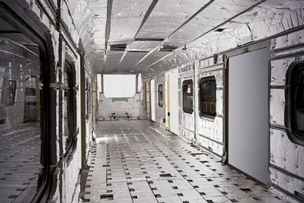 rohe Gerippe eines Zug-Waggons mit Schallschutzplatten an den Wänden